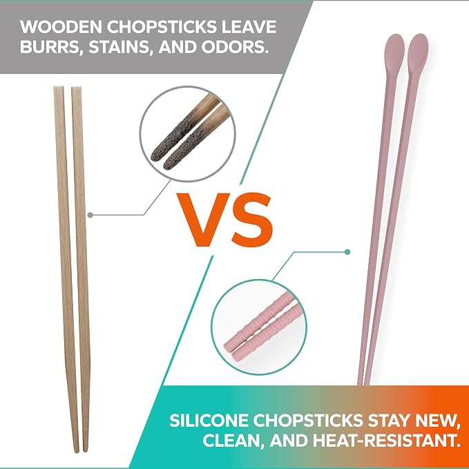 Reusable Long Silicone Cooking Chopsticks with Spoon 12 Inches 1 Pair, Dishwasher Safe, BPA-free Non-Slip,Korea Kitchen Utensils (Pastel Blue, 1 Pair )