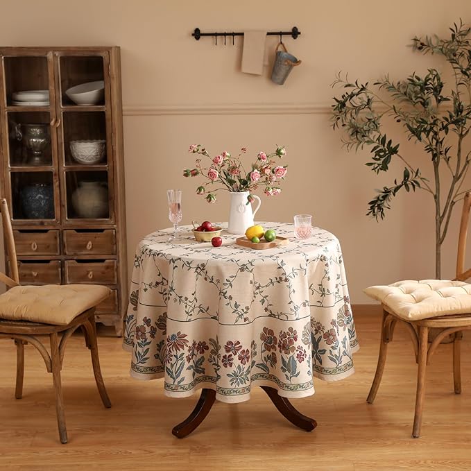 patdrea Designer Vintage Linen Round Table Cloth,Durable Breathable Floral Tablecloth,Dacorative Table Covers for Kitchen Dining Tea Party,Holiday,Christmas,Thanksgiving,Diameter 55"-Oliveirad