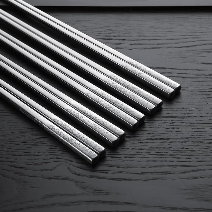 IQCWOOD 5 Pairs 18/8 Stainless Steel Chopsticks – Non-Slip Laser Engraved Metal Chopsticks for Asian Food Sushi Ramen Pho, Reusable & Dishwasher Safe Gift Box