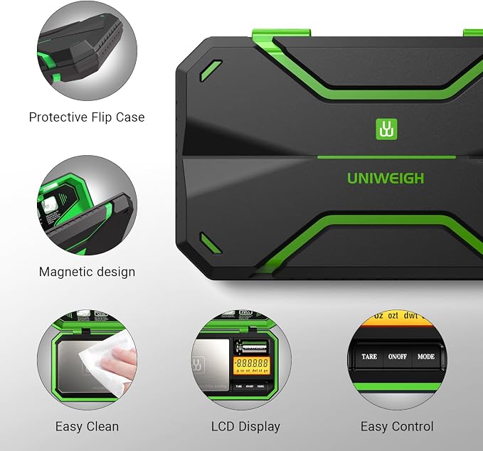 UNIWEIGH Digital Pocket Scale 200g/0.01g, Digital Scale Grams Precision | Jewelry Scale,Coins Scale with 50g Cal Weights for Powder,small items,Tea,Jewelry,Coins (Battery Included)-Fluorescent Green