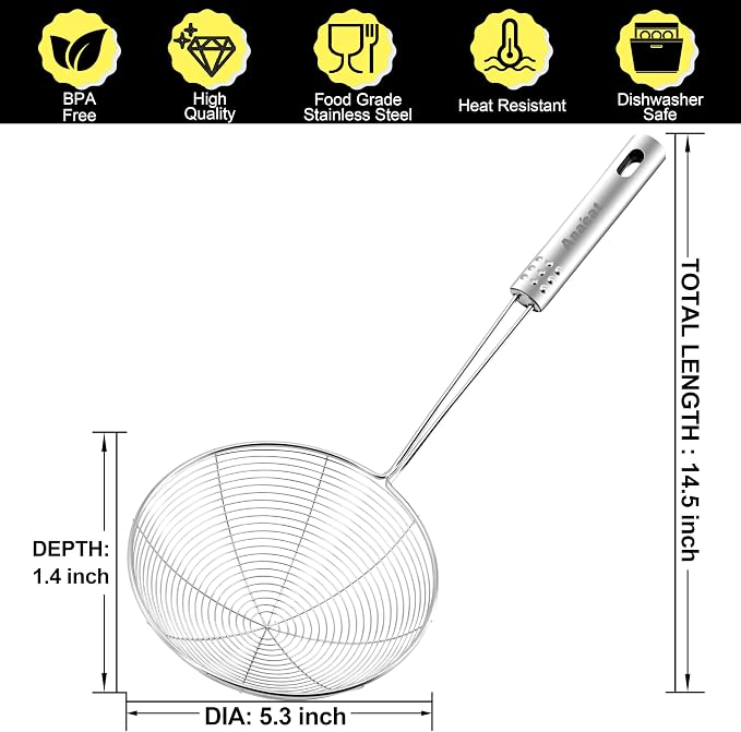 Anaeat 5.3" Stainless Steel Spider Skimmer, Professional Kitchen Pasta Strainer Spoon with Long Handle - Asian Strainer Ladle Wire Skimmer Spoons for Cooking and Frying
