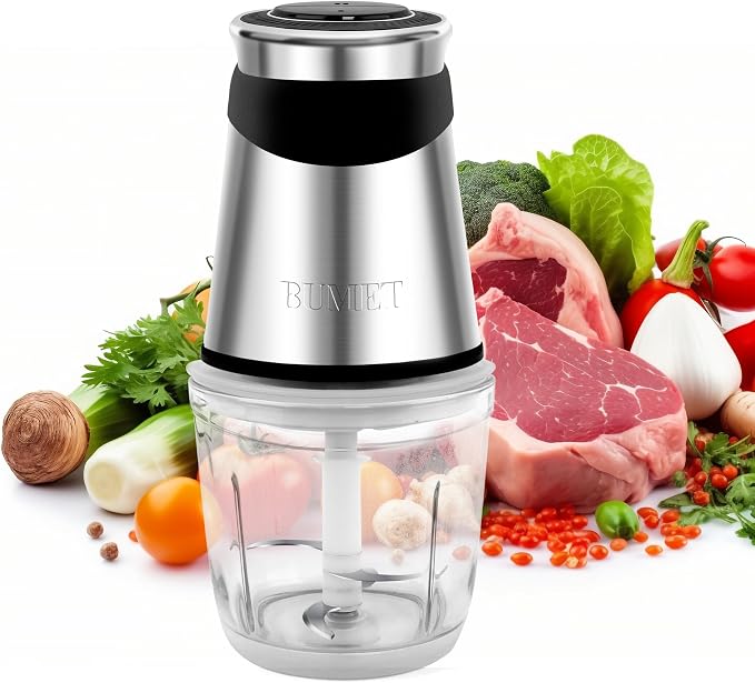 BUMET 500W Mini Chopper 2.5-Cup Glass Bowl Steel Blades | stainless steel blade and BPA free great for Small-batch chopper for meat, veggies & baby food. Compact & easy-clean.