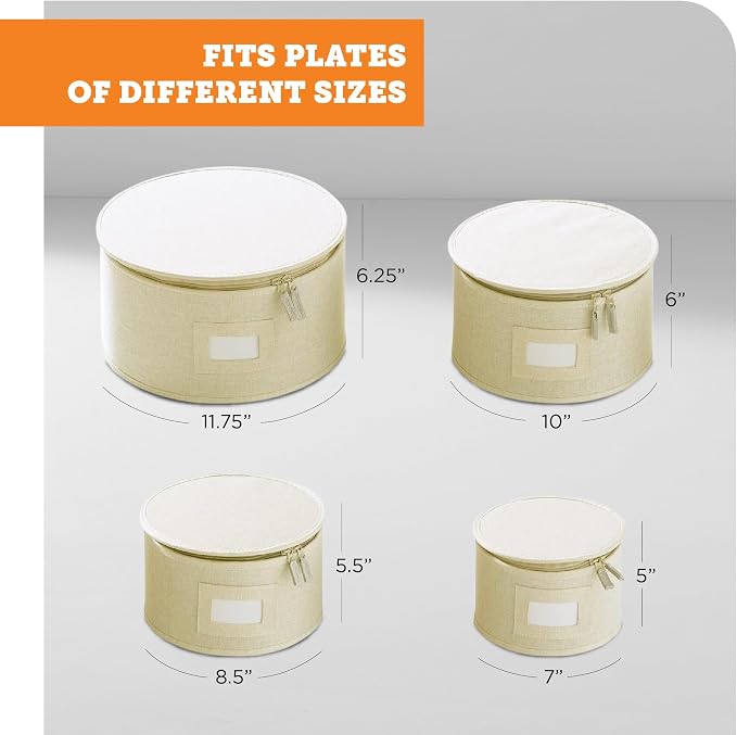 storageLAB 4-Piece China Plate Storage Set | Hard Shell Dividers | Cream | 4 hard shell plate cases - dinner, salad, dessert & saucer, 12 plates each. Felt dividers, stackable. Cream finish.