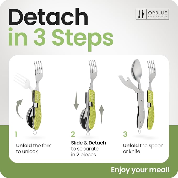 Orblue 4-in-1 Camping Eating Utensils, 2-Pack - Portable Spoon, Fork, Knife & Bottle Opener Combo Set - Stainless Steel Flatware with Detachable Fork - Travel, Backpacking Cutlery Multitool, Green