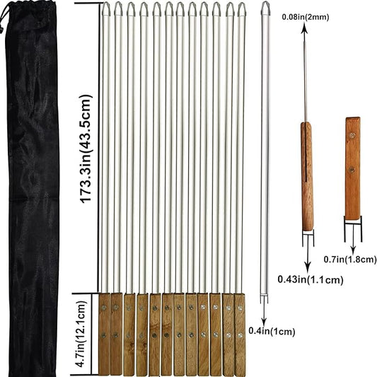 12 Pack Kebab Skewers 22 Inch Stainless Steel Grilling BBQ Skewer Reusable Barbecue Skewers Flat Stick with Wood Handle,Ideal for Koubideh Brazilian Chicken Shrimp Turkish Shish Kabob
