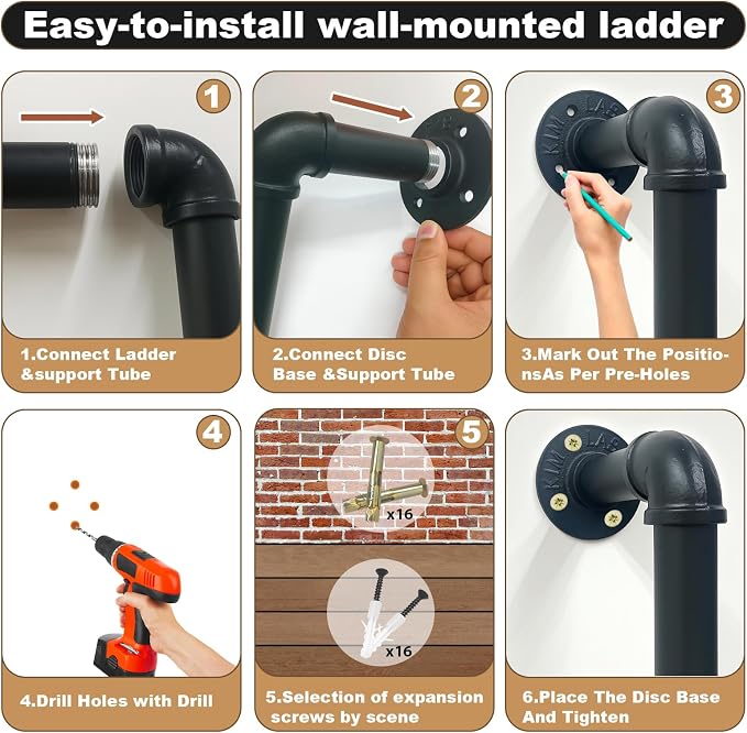 Black 6-Step Wall Mounted Steel Ladder, 6FT Egress Window Well Loft Ladder for Bunk Bed, Camper, RV – Wall/Floor-Mounted Indoor Climb for Basement, Loft, Dorm, Small Spaces