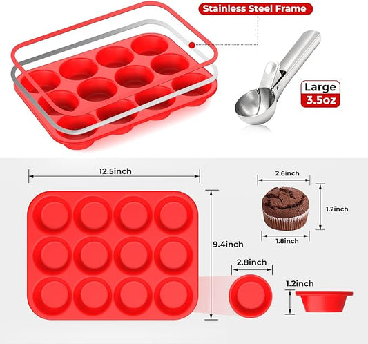 Samuelworld Silicone Muffin Pan for Baking: 24 Cup Muffin Pan with Metal Reinforced Frame, Regular Size Cupcake Egg Bites Molds for Baking, BPA Free Silicone Muffin Tray, 2 Pack, Red (With Scooper)