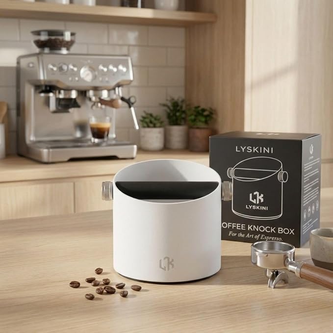 Espresso Knock Box White – Coffee Knock Box Stainless Steel, 23-Puck Large Capacity Coffee Puck Knock Box with Non-Slip Base & Quiet Bar for Espresso Machine