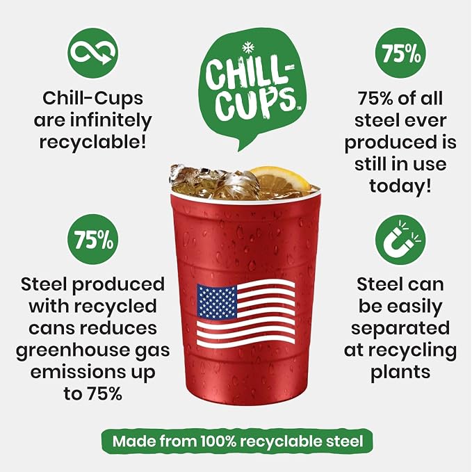 Steel Chill Cups 16 oz. Reusable Party Cups, Patriotic Red, 12 Count | Made in USA from Steel these durable cups chill fast & keep your drink cold for longer, 100% recyclable for sustainablity