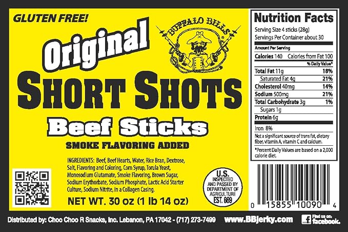 Buffalo Bills Original Short Shots Snack Beef Sticks, 3.5"Sticks/30 Oz Bag | Gluten Free, Ideal For Road Trips, Officesnacks, Hiking, High Protein Snack, Made In The USA, 100% Us-Raised Beef, 120 Sticks