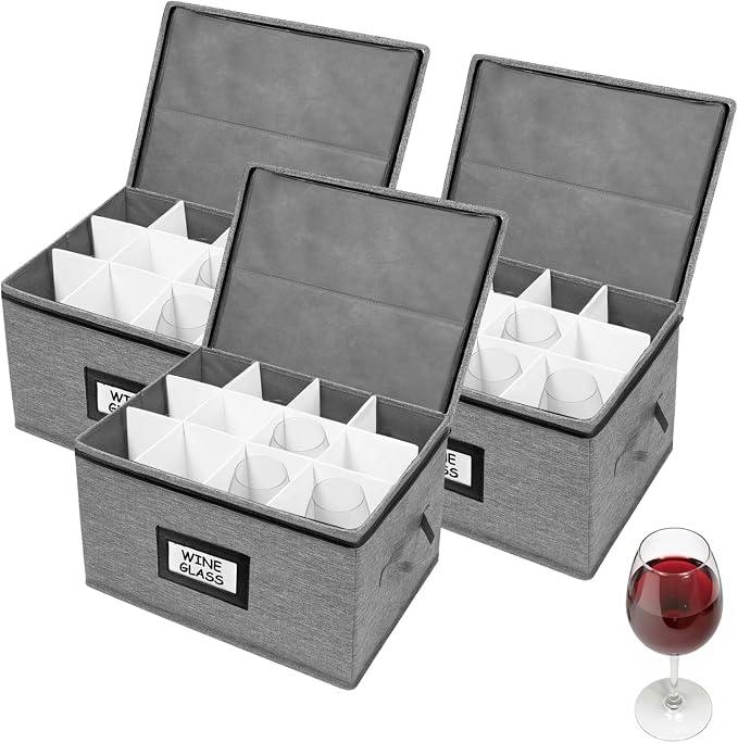 HURZMORO Wine Glass Storage Box 3-Pack, Holds 36 Stemware Glasses, Stackable Padded Glassware Organizer with Handles & Zipper, Oxford Fabric Case for Moving & Holiday Storage