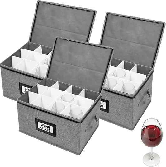 HURZMORO Wine Glass Storage Box 3-Pack, Holds 36 Stemware Glasses, Stackable Padded Glassware Organizer with Handles & Zipper, Oxford Fabric Case for Moving & Holiday Storage