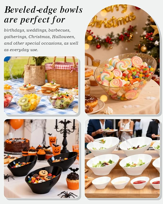 BESTVIP 12 Pack 20oz Angled Disposable Serving Bowls - White Plastic Serving Bowls for Party, Party Bowls for Chips, Snacks, Fruit, Salad - Bowls for Parties, Daily Use,Halloween, Christmas