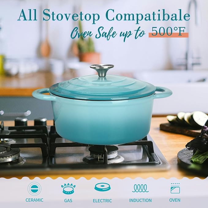 Enameled Cast Iron Dutch Oven with Lid, 6QT Heavy-Duty & Non-Stick Cookware Pot for Braising, Stews, Roasting, Bread Baking - Oven & Stovetop Safe