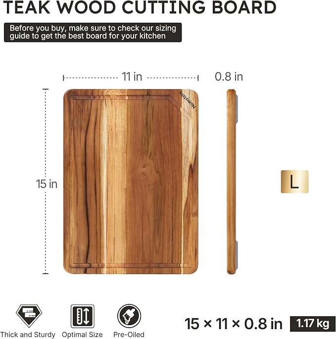 15" Teak Wood Cutting Boards for Kitchen Wooden Chopping Board Non Toxic | Charcuterie Board, Serving, Heavy Duty, Over Sink, Non Slip, Wooden Chopping Board, Small Wooden Chopping Board, Kitchen Gift