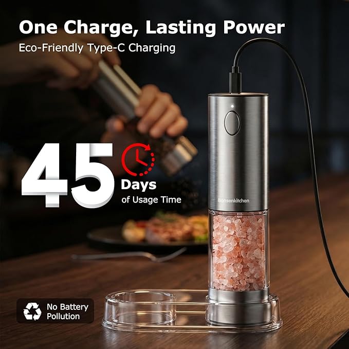 Bonsenkitchen Electric Salt and Pepper Grinder Set, USB-C Rechargeable Stainless Steel Adjustable Coarseness Pepper Mill with LED Light, 95ml Large Capacity, Clean Brush for Kitchen, BBQ & Camping