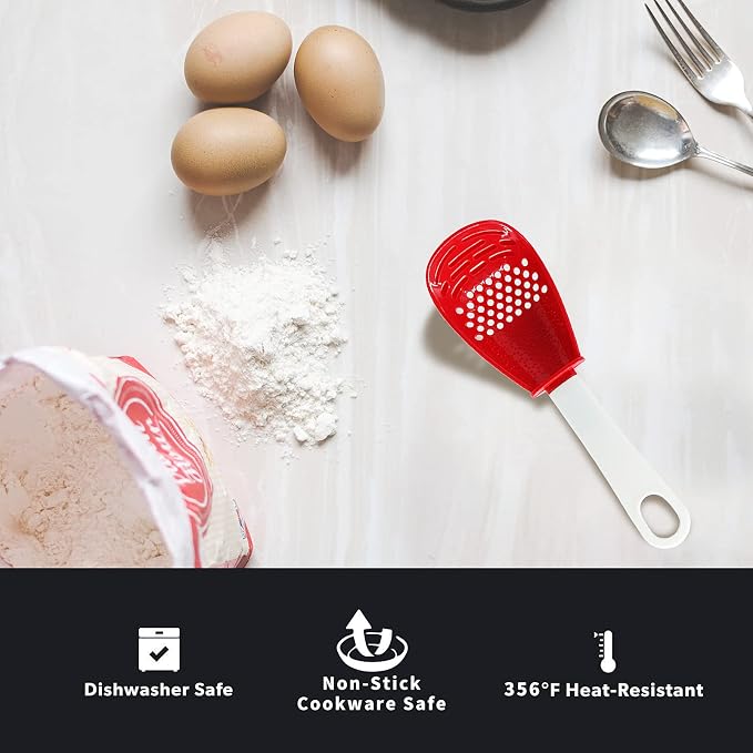 pack of 2, Red, Multifunctional cooking gadgets, 6 in 1 cooking utensils Slotted Spoon, 356°F Heat Resistant kitchen gadgets, Egg Separator, Cooking, Draining, Mashing, Grating, Cooking spoon