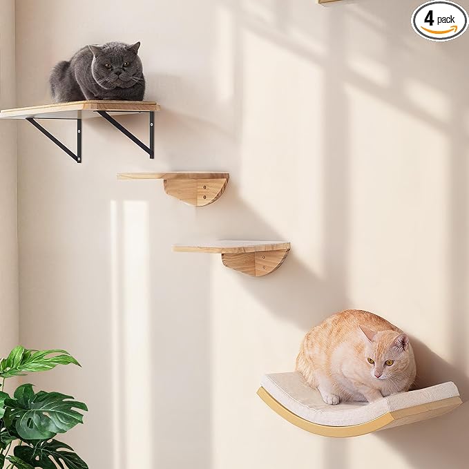 Cat Wall Shelves with Sisal Pads, 4-Piece Wooden Cats Furniture Set with Cat Window Perch, Flat Shelf & Sisal-Clad Steps for Climbing and Scratching
