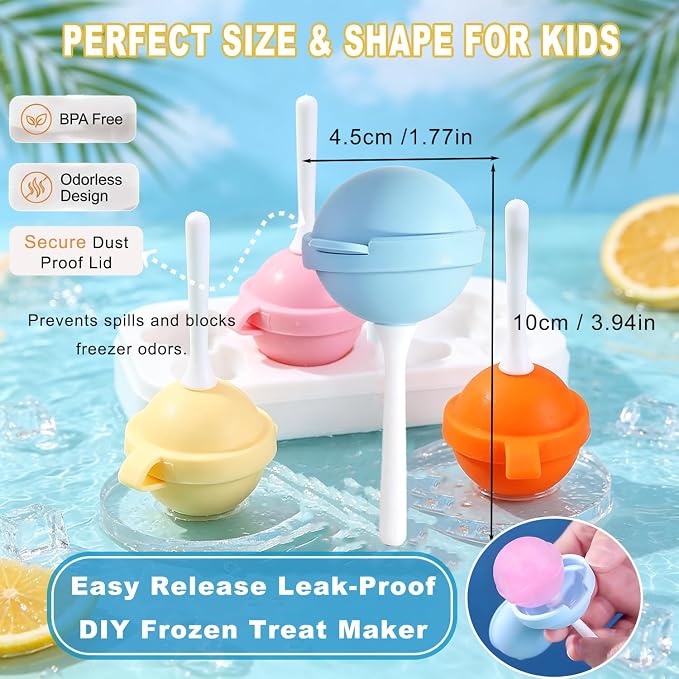 Silicone Lollipop Ice Cream Maker Molds,Colorful Diy Popsicle Molds for Kids,Creative Sphere Ice Pop Mold for Summer Parties, Reusable Popsicle Molds Easy Release(4pcs)