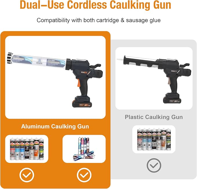 MAXXT 2-in-1 Cordless Caulking Gun - 2.0AH Battery Powered, Fits 10oz-20oz/300-600ml Cartridges & Sausage Packs, Anti-Drip Auto Retract, 6 Adjustable Speeds for Filling Sealing Repair