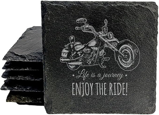 Coast in Style: Rustic Slate Coasters with Motorcycle Design - Square Slate - Set of 5