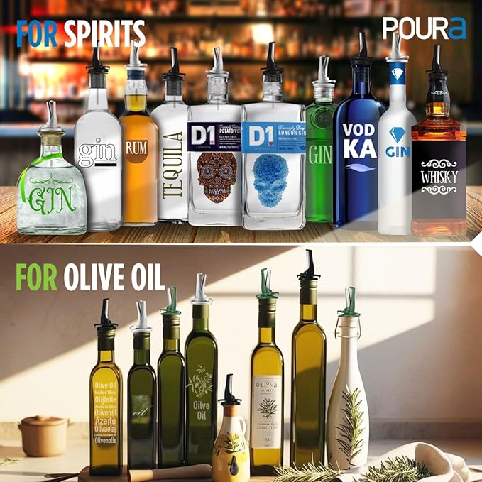 3-in-1 Liquor Bottle Pour Spouts with Built-in Fruit Fly Protection - BPA Free & Dishwasher Safe Hygienic Alcohol Pour Spouts - Also for Olive Oil - Silver 2 Pack with 2 Adapters for Large Bottles