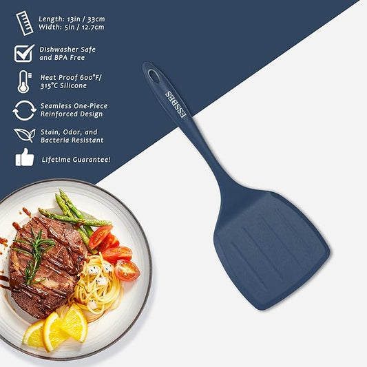 Extra Large Silicone Turner - 600F Heat Resistant Nonstick Flexible Kitchen Spatula, BPA Free Dishwasher Safe Utensils, Nonslip Grips One Piece Cookware Suitable for Cooking Baking (Blue)