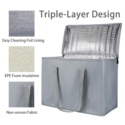 Bodaon 3-Pack Insulated Reusable Grocery Shopping Bag, X-Large Frozen Food Cold, Cooler Bags with Secure Top, Insulated Food/Pizza Delivery Bag, Gray