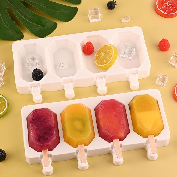 Popsicle Silicone Molds Set, 2 PCS Ice Cream Molds with 50 Wooden Sticks for Cake Pop, Ice Pop, Cakesicles (Octagon/White)