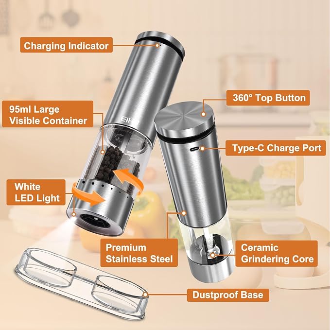 Electric Salt and Pepper Grinder Set Rechargeable, Automatic Salt and Pepper Shakers Mills External Adjustable Coarseness, Kitchen Gadgets, Stocking Stuffers Christmas Cooking Gifts for Men Women