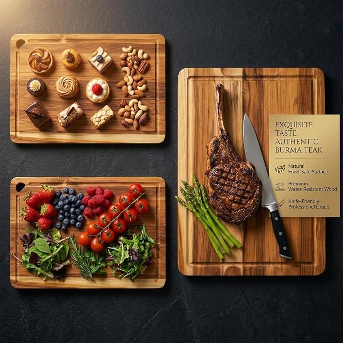 Extra Large Teak Wood Cutting Board for Kitchen, Knife-Friendly Chopping Boards with Juice Grooves & Storage Stand, Heavy Duty Wooden Boards for Meat, Fruit & Cheese, Ideal Housewarming Gift