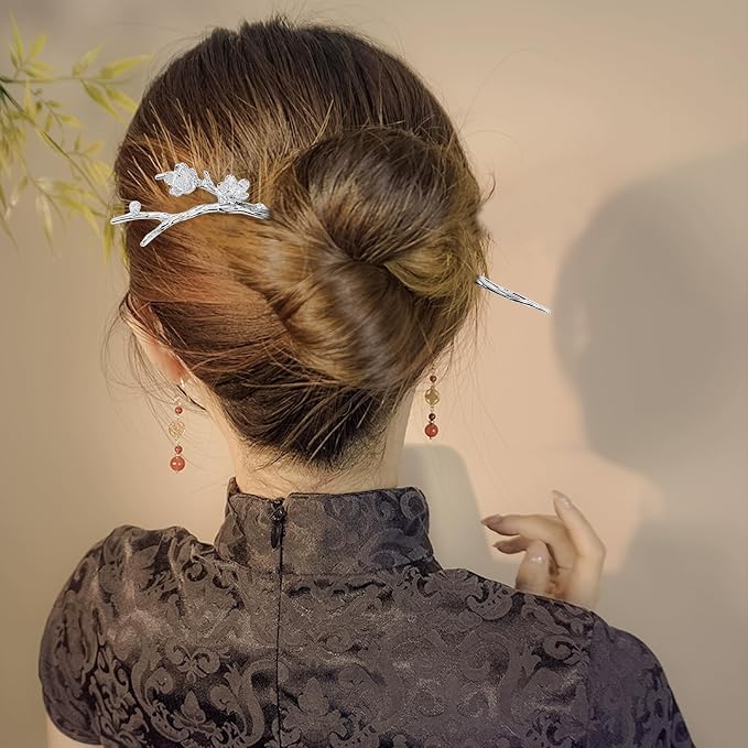 inSowni 8 Pieces Decorative Retro Crystal Pearl Silver Hair Sticks Pins with Pendants Asian Chinese Hanfu Cloud Star Lotus Flower Hair Forks Chopsticks Bun Updo Holders Long Hairpins for Women Girls