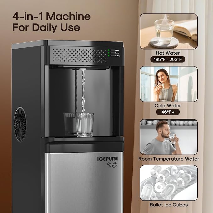ICEPURE 4-in-1 Bottom Loading Water Cooler Dispenser with Built-in Ice Maker, Fits 3 & 5 Gallon Bottles, Hot & Cold Water with Child Lock, 33 lbs Daily Output for Home and Office