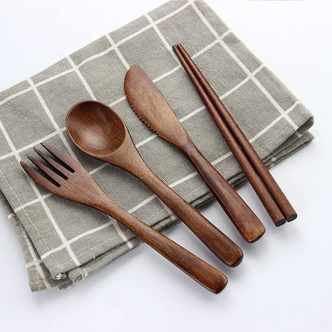 Portable Wooden Cutlery Set for Travel and Camping - 4 Piece Set With Reusable Wooden Spoon, Fork, Knife and Chopsticks