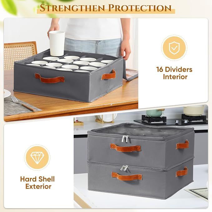Foyego Cup and Mug Storage Box, Grey, 2 Pack | 32 Adjustable Dividers, Hard Shell, with Transparent Lid, 3 Handles, Zippers, Stackable Storage Organizers for Packing&Moving