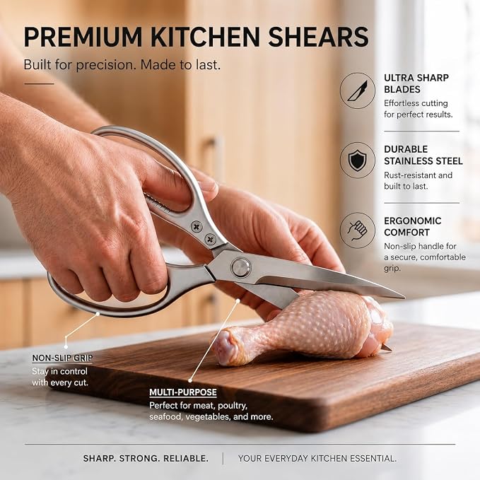 Kitchen Shears Heavy Duty 8.5", Multipurpose Food Scissors for Meat Chicken | Detachable Design for Easy Cleaning, Dishwasher Safe, Non-Slip Comfort Grip, for Meat Chicken Vegetables Seafood & Herbs