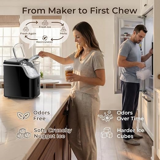 Nugget Ice Maker Countertop: 33lb/Day, Self-Cleaning, Black Stainless Steel, Portable, Soft Chewable Pebble Ice Machine for Home Kitchen, RV & Office