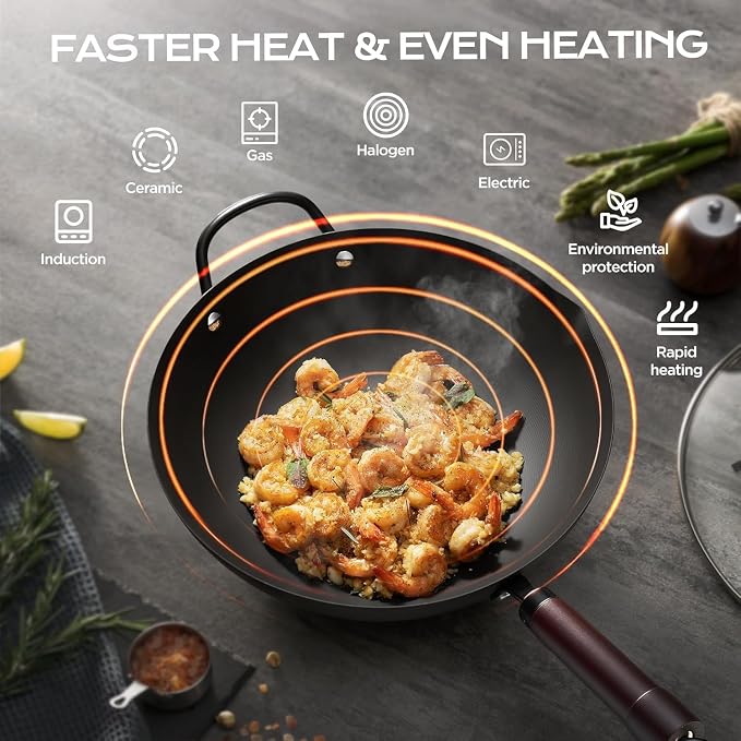 FGJ Wok, 13 Inch Carbon Steel Woks & Stir-fry Pans Nonstick Roasting Pan | Pre-Seasoned 5.8QT Flat Bottom Chinese Wok Roasting Pan with lid,PFOA/PTFE free Cookware Compatible with All Cooktops