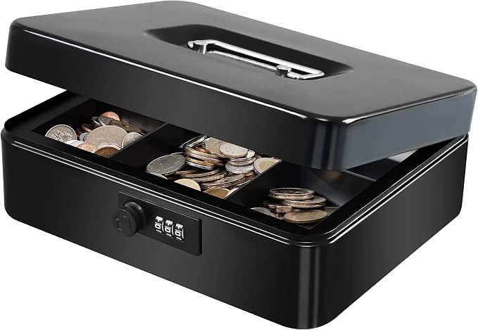 KYODOLED Large Cash Box with Combination Lock Safe Metal Money Box with Money Tray for Security Lock Box 9.84"x 7.87"x 3.54" Black