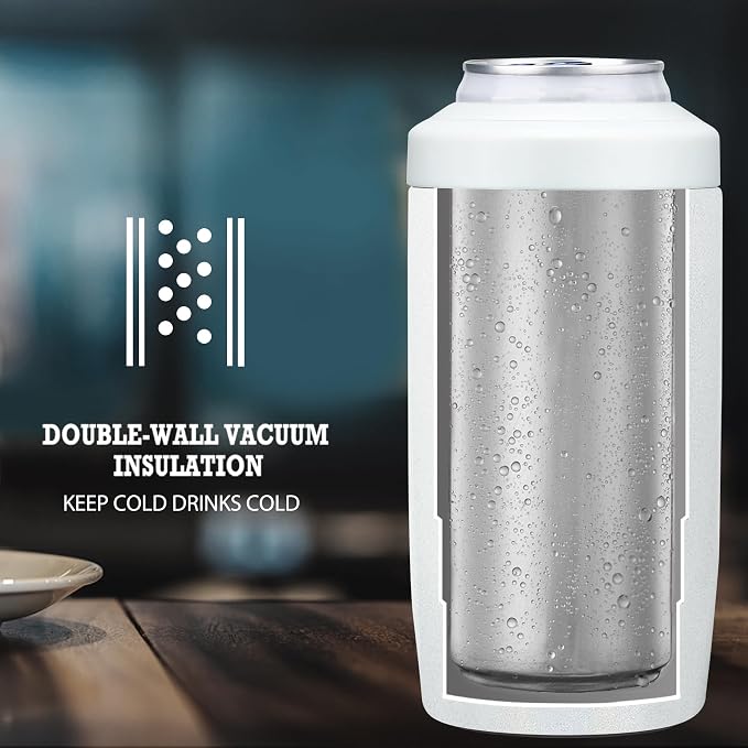 MAXSO Slim Can Cooler, 4-in-1 Double Walled Stainless Steel Insulated Beer Can Holder, Works With All 12 Oz Cans,Bottles & As A Pint Cups - Glitter White