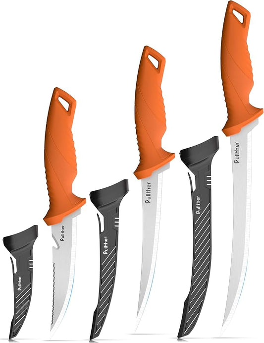 3 pcs Fillet Knife for fish,Stainless Steel Fishing Knife | 9 Inch and 7 Inch Filet Knives,5 Inch Fishing Bait Knife with Non-Slip Handle,Fishing Gear Set with Protective Sheath