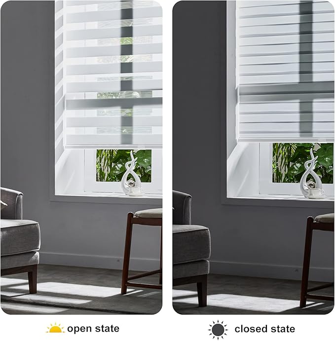 Persilux Cordless Zebra Blinds for Indoor Windows, Free-Stop Light Filtering Sheer Shades, Dual Layer for Day and Night, Roller Shades for Home (35.25" W X 64" H, White)