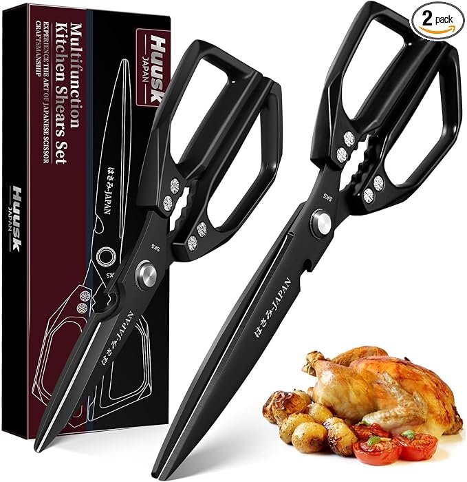 Huusk Kitchen Scissors Japanese Stainless Steel, 2 Pack Kitchen Shears Set | Multifunction Cooking Scissors for Meat, Fish, Chicken Bones, Turkey, Ergonomic Handles, Dishwasher Safe, Gifts for Women
