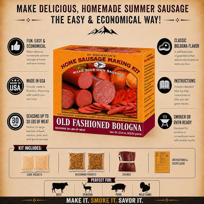 Hi Mountain OLD FASHIONED BOLOGNA Seasoning Kit | Complete bologna sausage-making kit with seasoning, cure & 10 casings. Beef, pork, venison & wild game. Makes up to 30 lbs