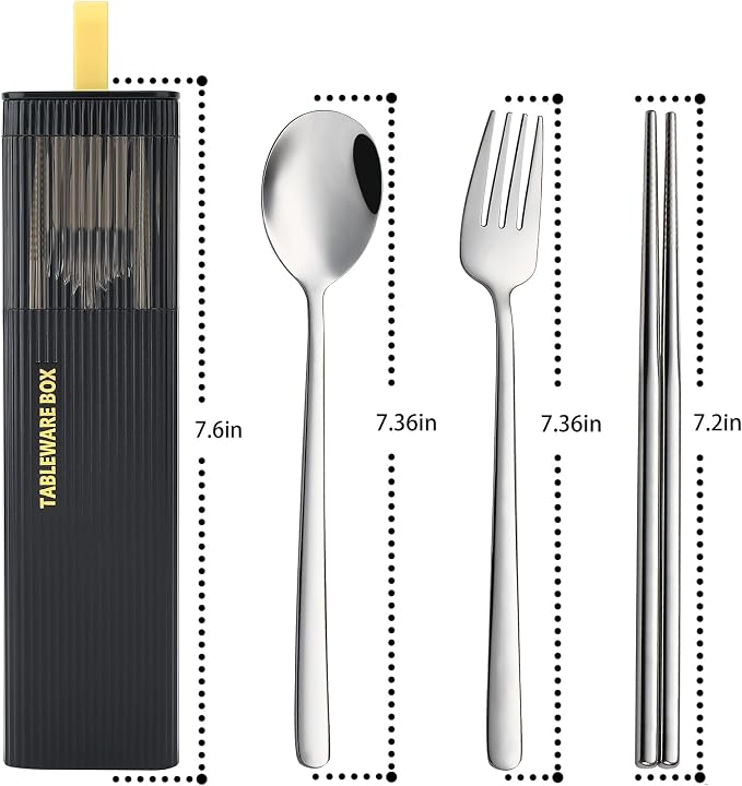 DEVICO Travel Utensils with Case, 4Pcs Korean Chopsticks Fork and Spoon Set | 18/8 Stainless Steel Portable Cutlery Set, Reusable Silverware for Lunch Box/Camping/Work/School, Dishwasher Safe, Black