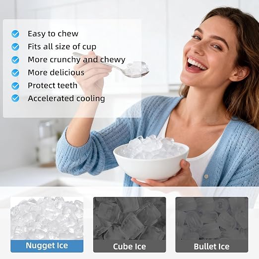 Nugget Ice Maker Countertop, Pebble Ice Machine with Soft Chewable Pellet Ice, 35Lbs/24H, Self-Cleaning, One-Click Operation for Kitchen, Office, Home, Stainless Steel Silver
