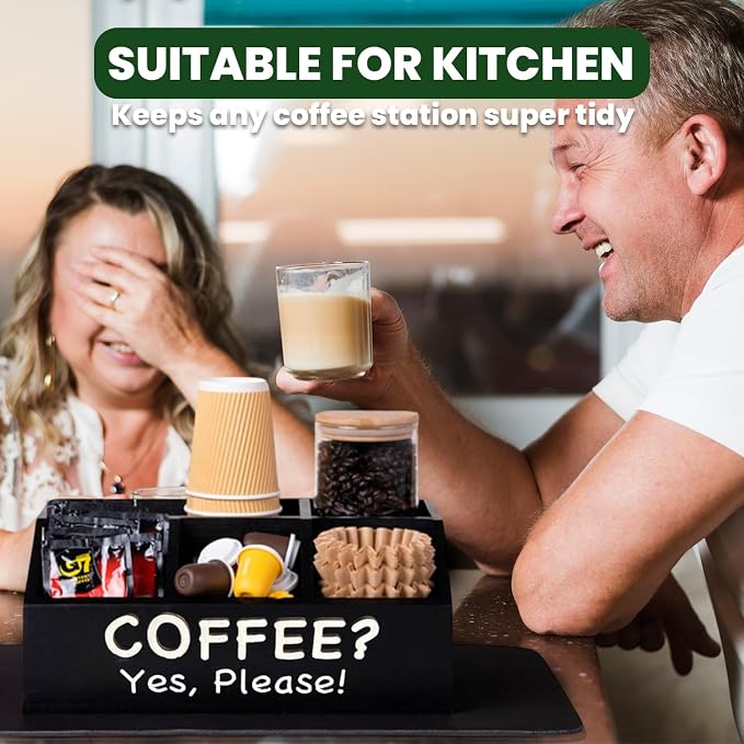 Modern Chic Coffee Bar Organizer + Coffee Mat - Countertop Coffee Station with Removable Drawers - Black