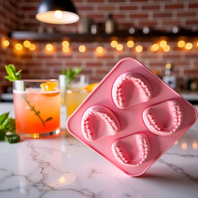 Pink 4 Hole Denture Teeth Shaped Ice Cube Mold Silicone Ice Tray DIY Ice Cream Funny Gag Gift For Dentist Seniors Ice Tray Molds, Ice Cube Molds and Trays
