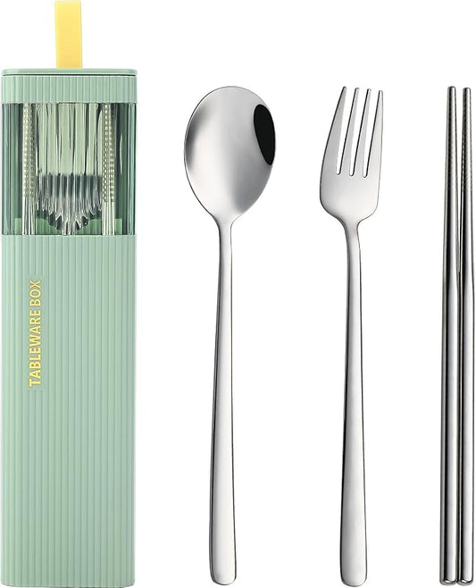 DEVICO Travel Utensils with Case, 4Pcs Korean Chopsticks Fork and Spoon Set | 18/8 Stainless Steel Portable Cutlery Set, Reusable Silverware for Lunch Box/Camping/Work/School, Dishwasher Safe, Green