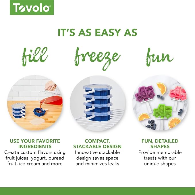 Tovolo Truck Popsicle Mold Pack of 4 Silicone Ice Pop Makers with Sticks for Kids, Stackable Construction Vehicle Shaped Frozen Treats, BPA Free Dishwasher Safe Truck Molds for Popsicles
